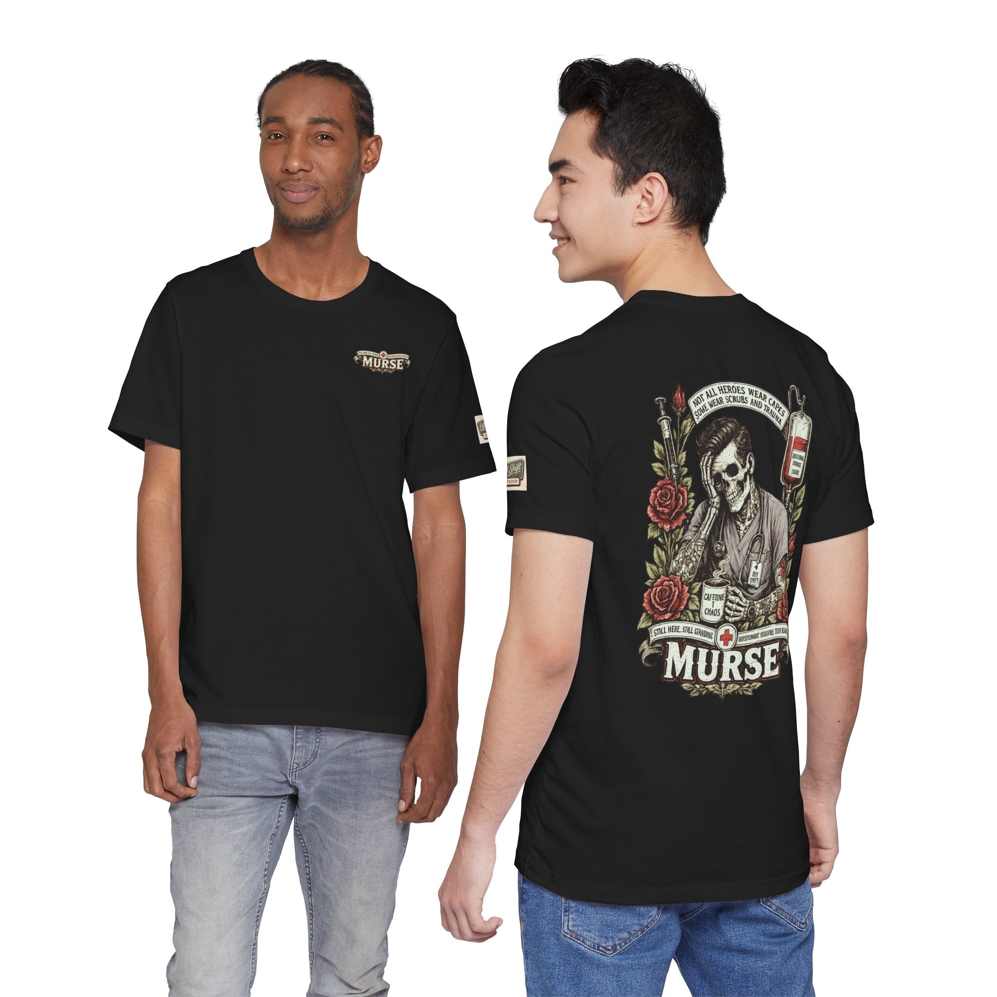 Murse Skull Nurse Graphic Tee — Vintage Medical Tattoo Back Print | Male Nurse Gift