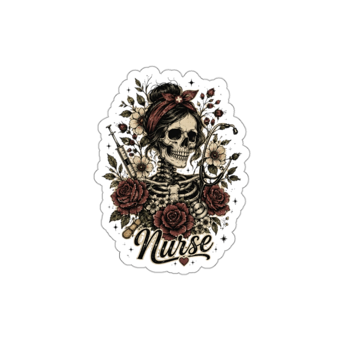 Nurse Skeleton Sticker | Gothic Nurse Skull Vinyl Decal | Tattoo Style Nurse Sticker | Funny RN Gift | Waterproof Laptop & Water Bottle Sticker | Dark Floral
