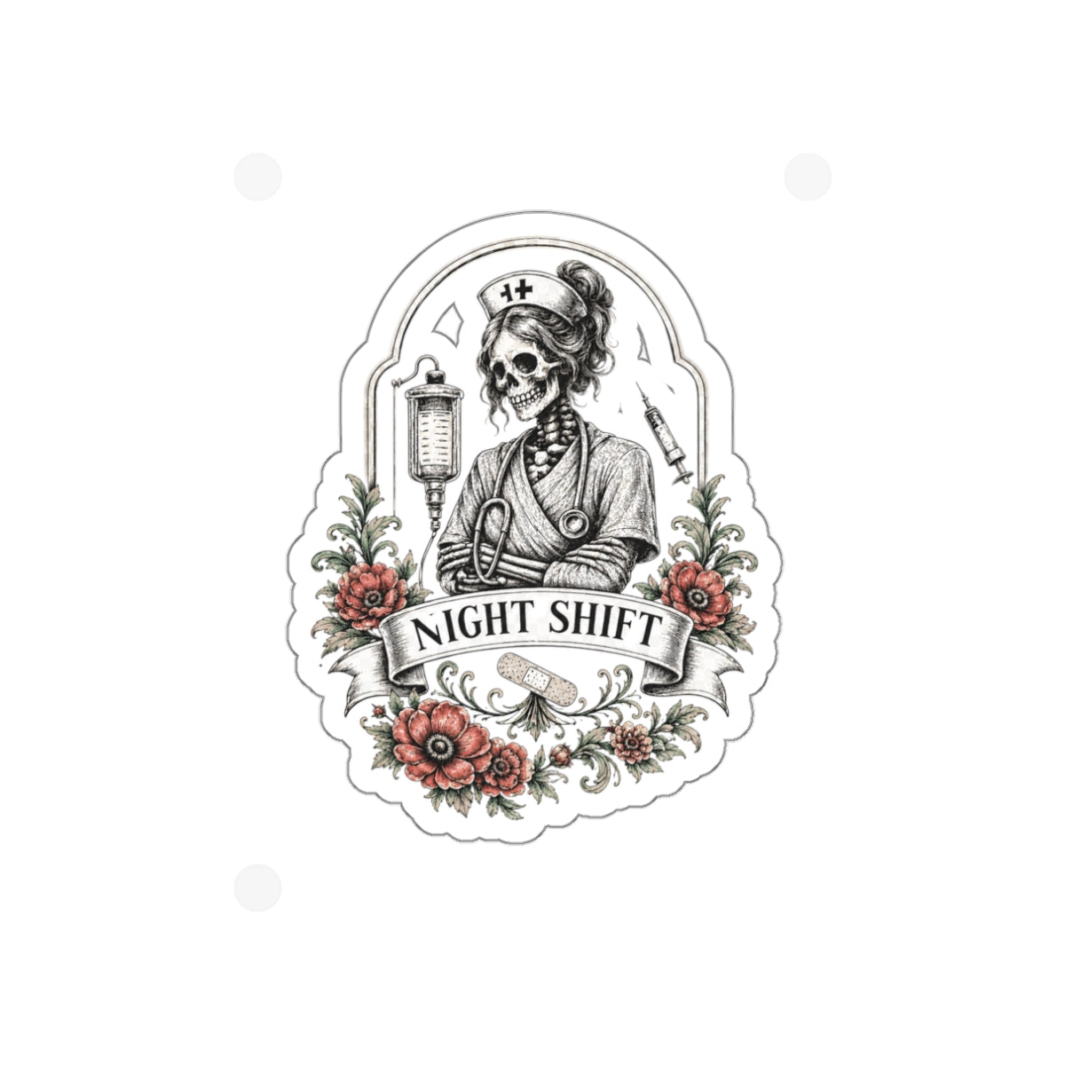 Night Shift Nurse Sticker | Gothic Skeleton Nurse Vinyl Decal | Funny RN Sticker | Waterproof Laptop & Water Bottle Sticker | ER Nurse Gift | Dark Floral