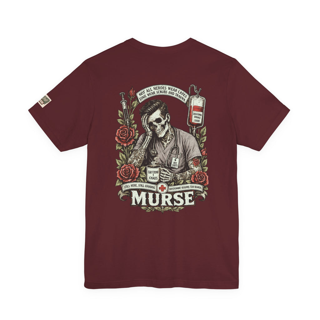 Murse Skull Nurse Graphic Tee — Vintage Medical Tattoo Back Print | Male Nurse Gift