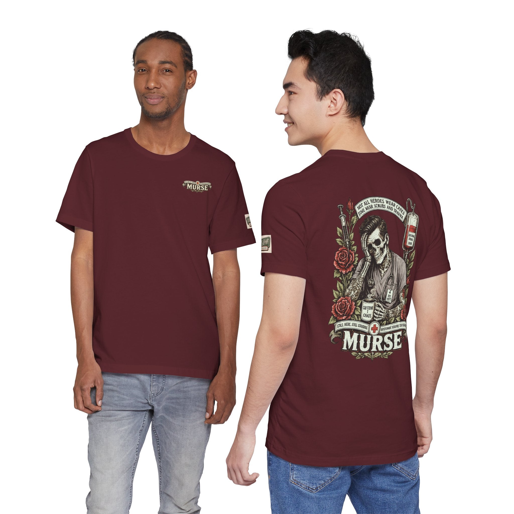 Murse Skull Nurse Graphic Tee — Vintage Medical Tattoo Back Print | Male Nurse Gift