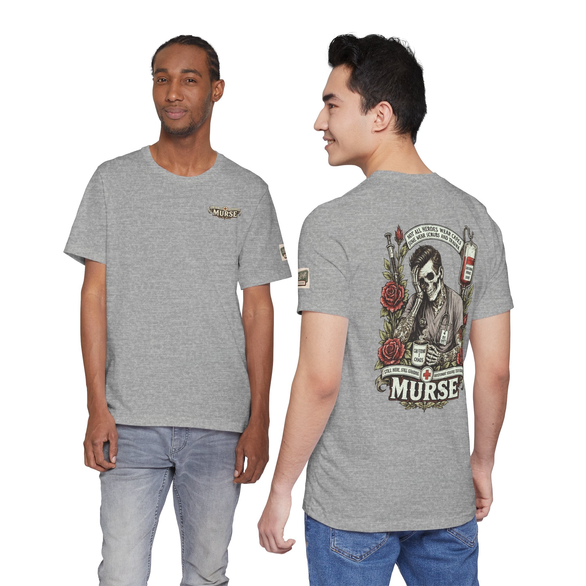 Murse Skull Nurse Graphic Tee — Vintage Medical Tattoo Back Print | Male Nurse Gift