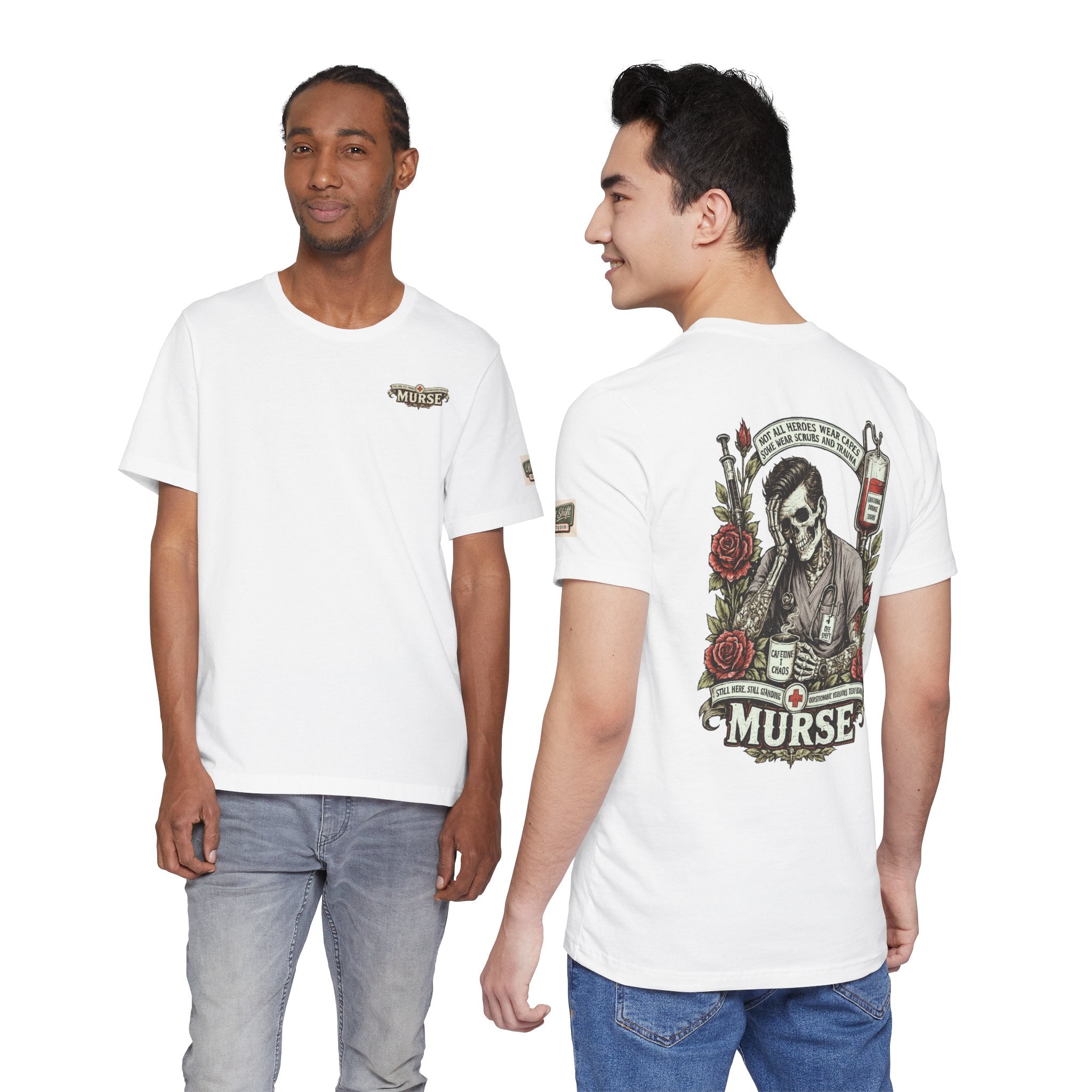 Murse Skull Nurse Graphic Tee — Vintage Medical Tattoo Back Print | Male Nurse Gift