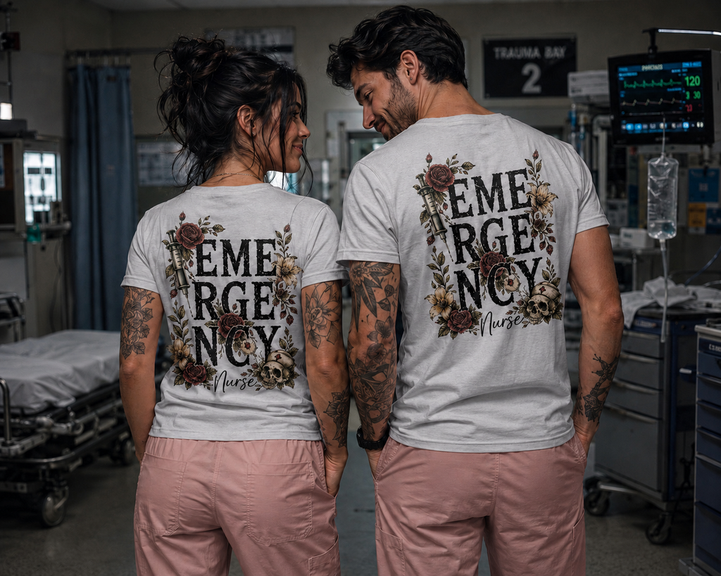 Emergency Nurse Shirt | Gothic Floral Nurse Tee | Vintage Tattoo Style ER Nurse T-Shirt | Bella & Canvas