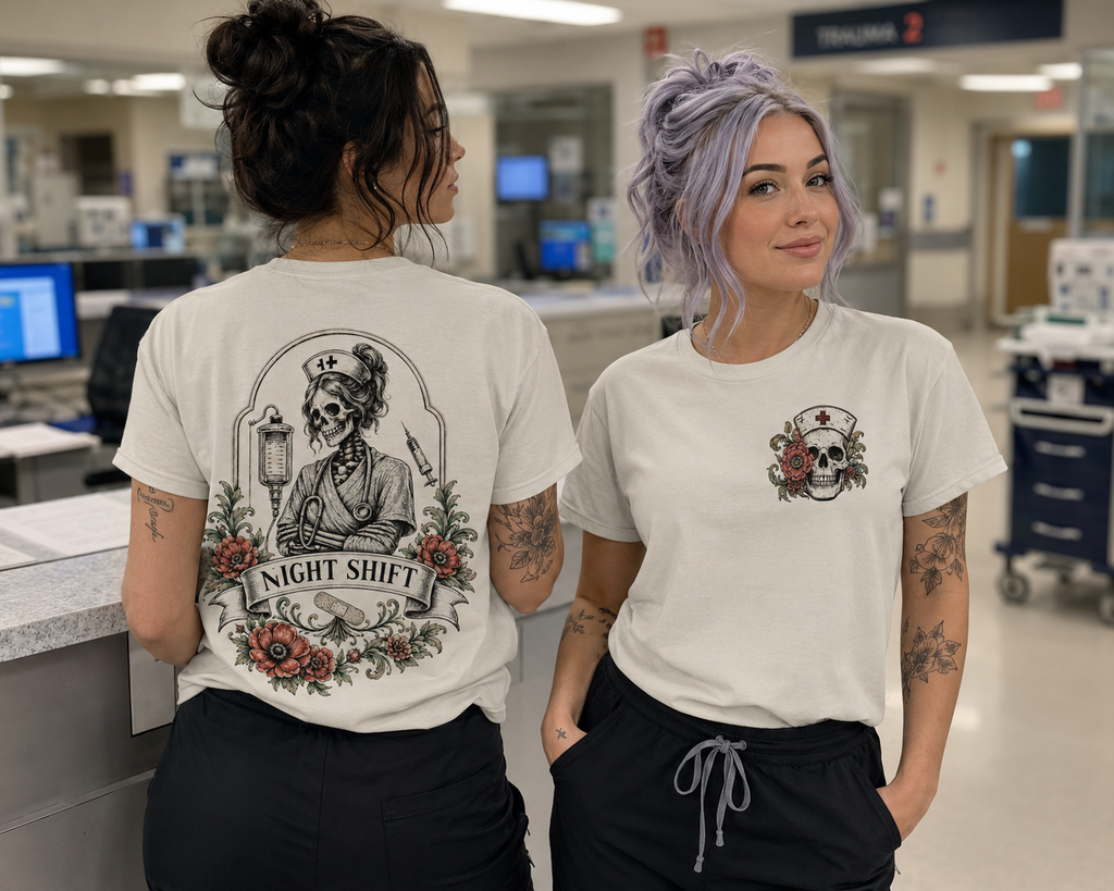 Night Shift Nurse Shirt | Skeleton Nurse T-Shirt | Tattoo Style Medical Shirt | Bella+Canvas