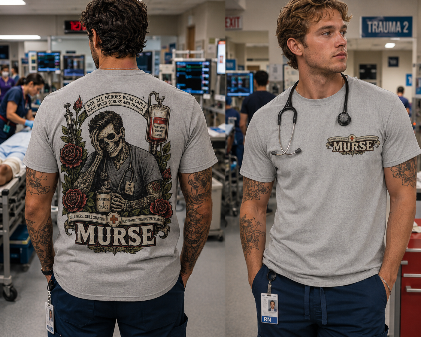 Murse Skull Nurse Graphic Tee — Vintage Medical Tattoo Back Print | Male Nurse Gift
