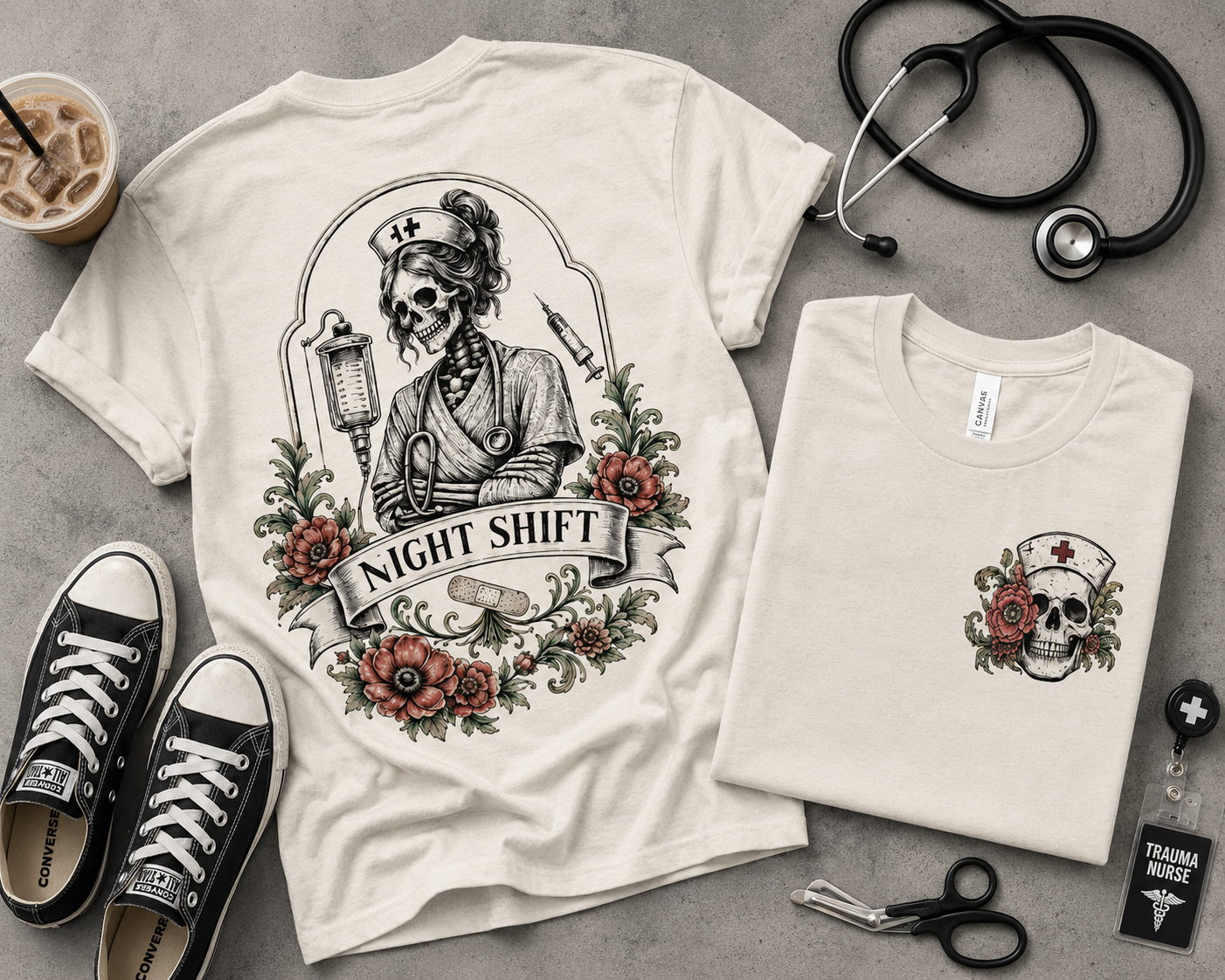Night Shift Nurse Shirt | Skeleton Nurse T-Shirt | Tattoo Style Medical Shirt | Bella+Canvas