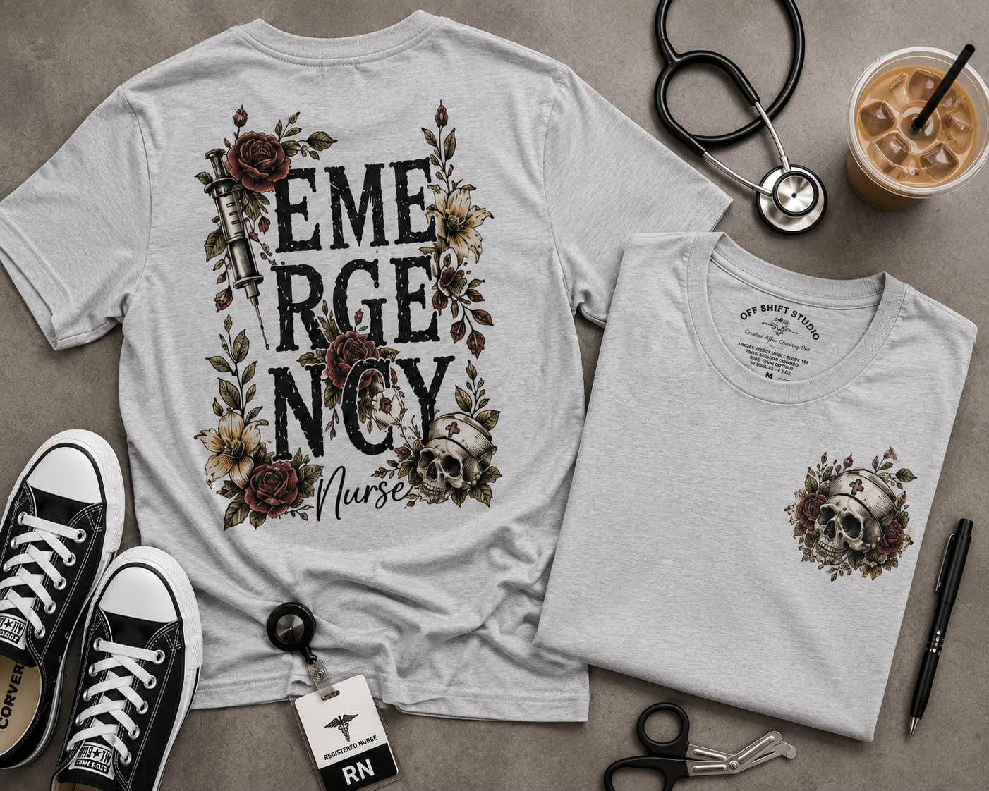 Emergency Nurse Shirt | Gothic Floral Nurse Tee | Vintage Tattoo Style ER Nurse T-Shirt | Bella & Canvas