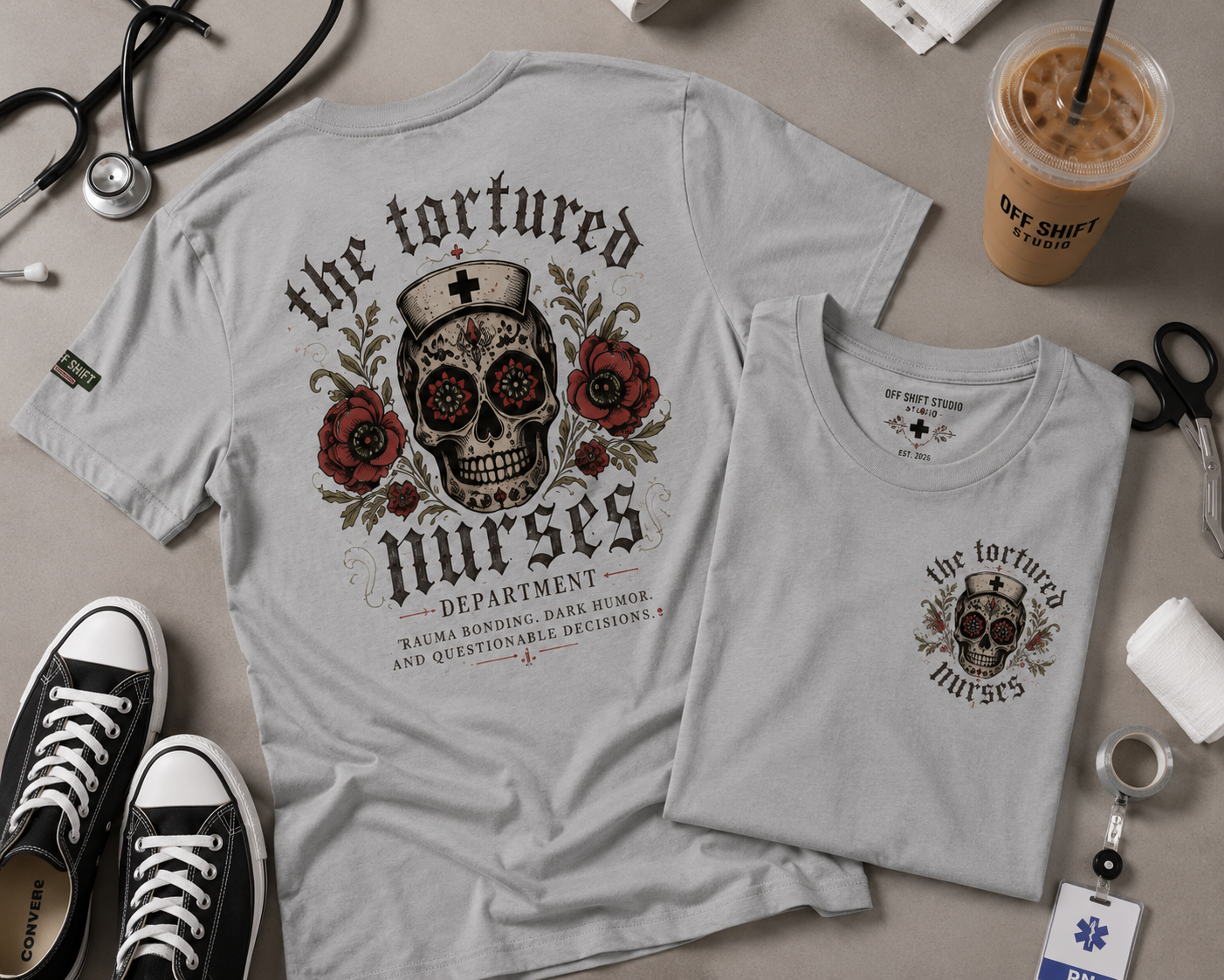 The Tortured Nurses Tee | Gothic Nurse Skull Shirt | Vintage Tattoo Medical Graphic Tee
