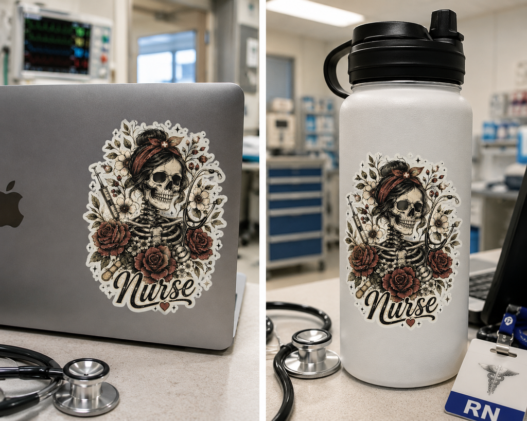 Nurse Skeleton Sticker | Gothic Nurse Skull Vinyl Decal | Tattoo Style Nurse Sticker | Funny RN Gift | Waterproof Laptop & Water Bottle Sticker | Dark Floral