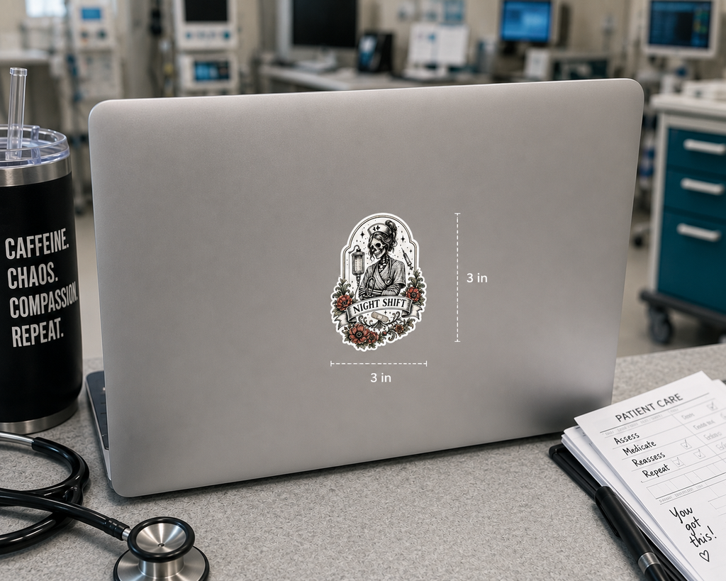 Night Shift Nurse Sticker | Gothic Skeleton Nurse Vinyl Decal | Funny RN Sticker | Waterproof Laptop & Water Bottle Sticker | ER Nurse Gift | Dark Floral
