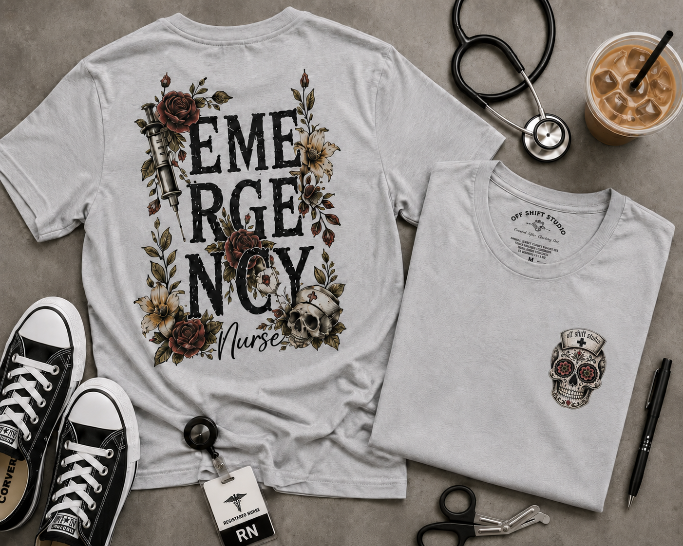 Emergency Nurse Shirt | Gothic Floral Nurse Tee | Vintage Tattoo Style ER Nurse T-Shirt | Bella & Canvas