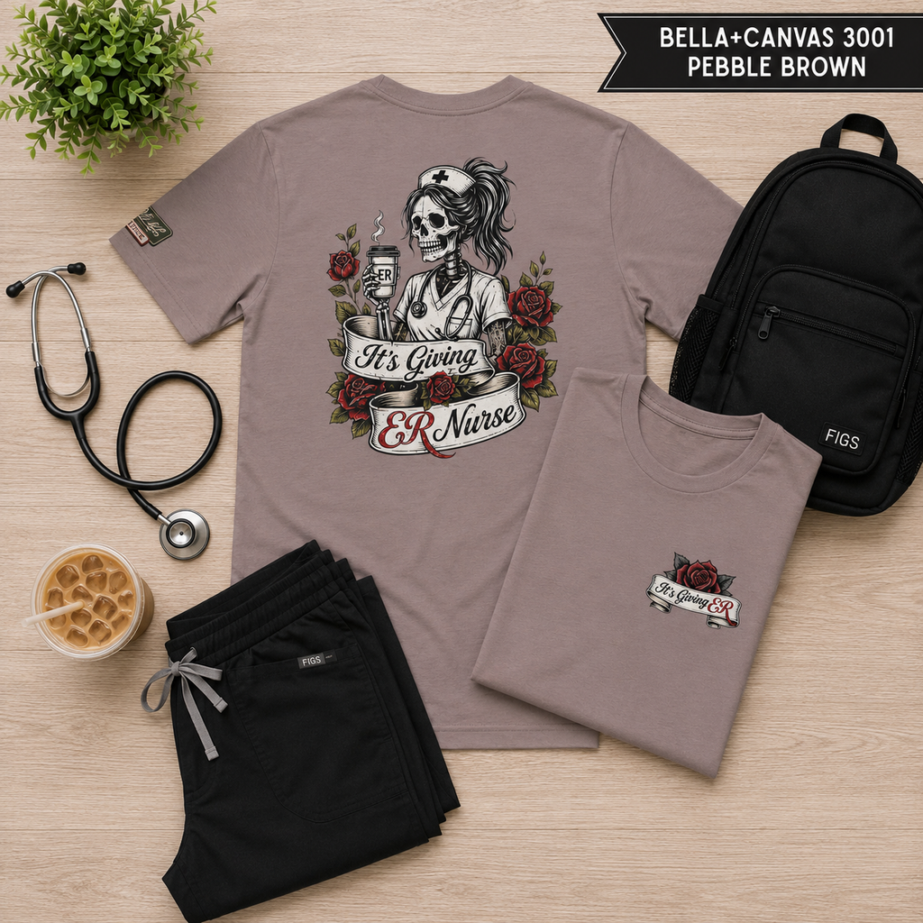 ER Nurse Skull T-Shirt — "It’s Giving ER Nurse" Gothic Floral Medical Tee
