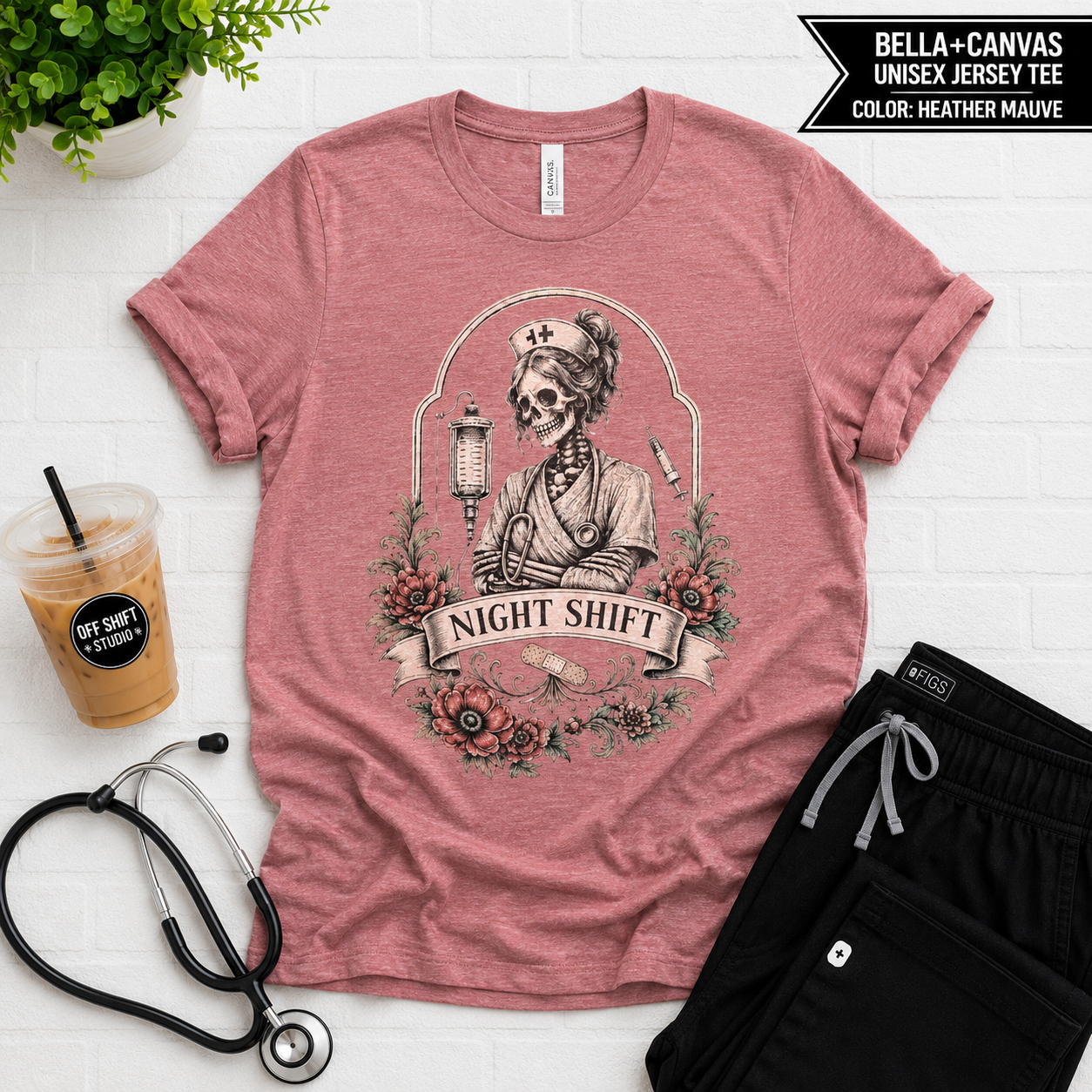Night Shift Nurse Skull Tee — Vintage Floral RN Shirt for Night Nurses