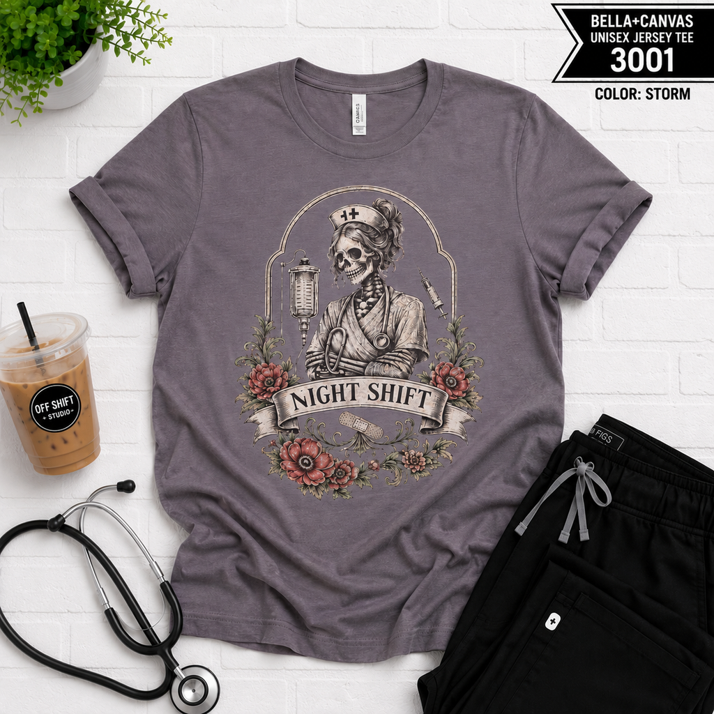 Night Shift Nurse Skull Tee — Vintage Floral RN Shirt for Night Nurses
