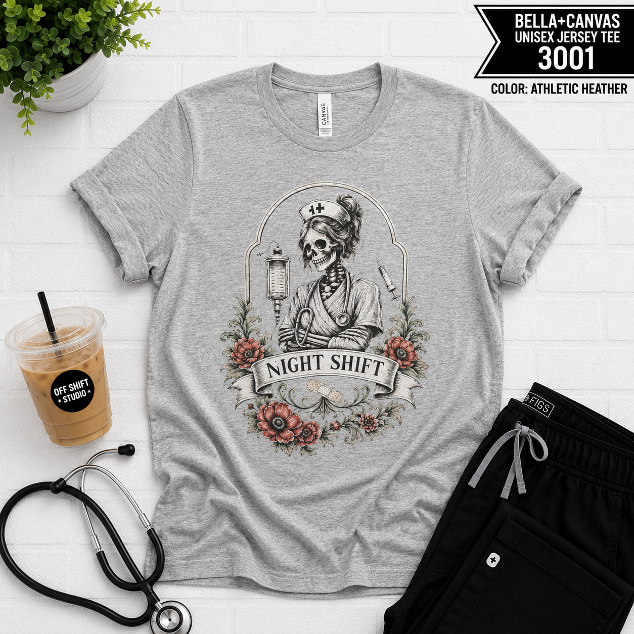 Night Shift Nurse Skull Tee — Vintage Floral RN Shirt for Night Nurses