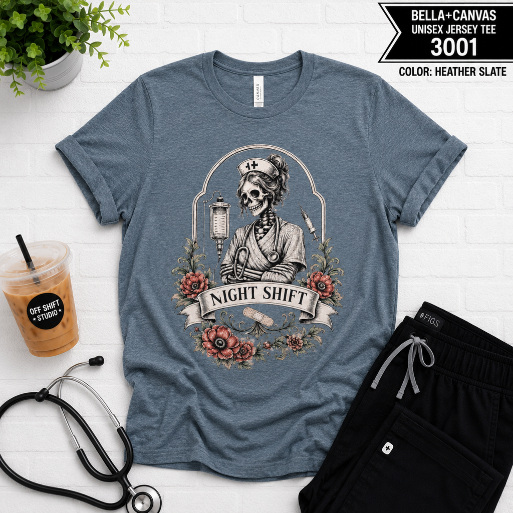 Night Shift Nurse Skull Tee — Vintage Floral RN Shirt for Night Nurses