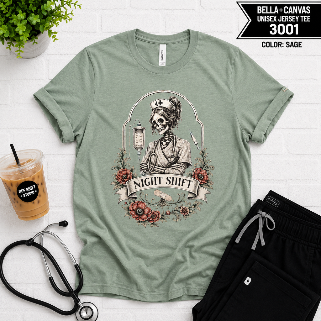 Night Shift Nurse Skull Tee — Vintage Floral RN Shirt for Night Nurses