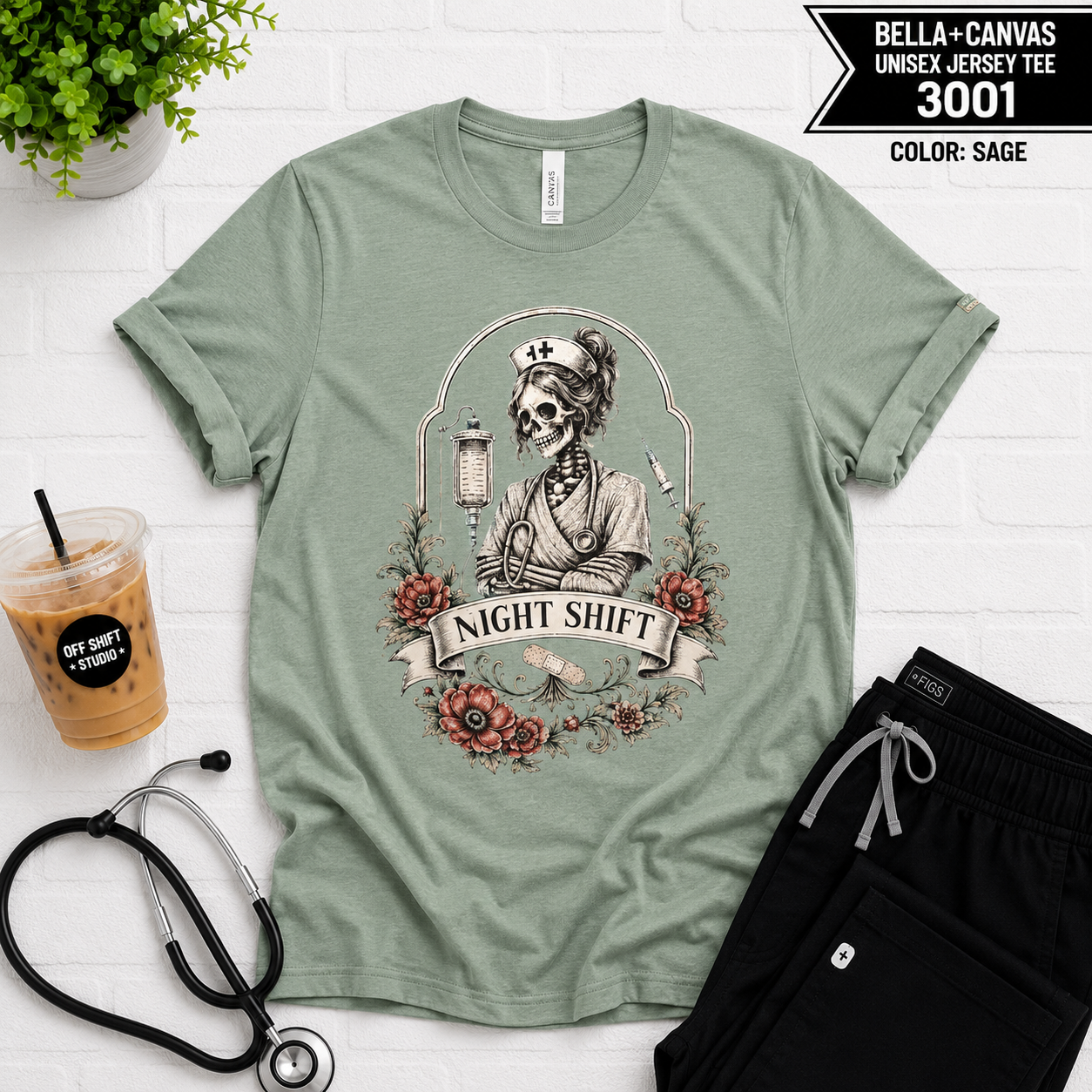 Night Shift Nurse Skull Tee — Vintage Floral RN Shirt for Night Nurses