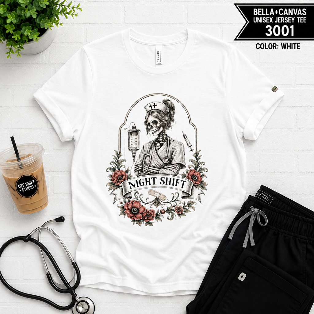 Night Shift Nurse Skull Tee — Vintage Floral RN Shirt for Night Nurses
