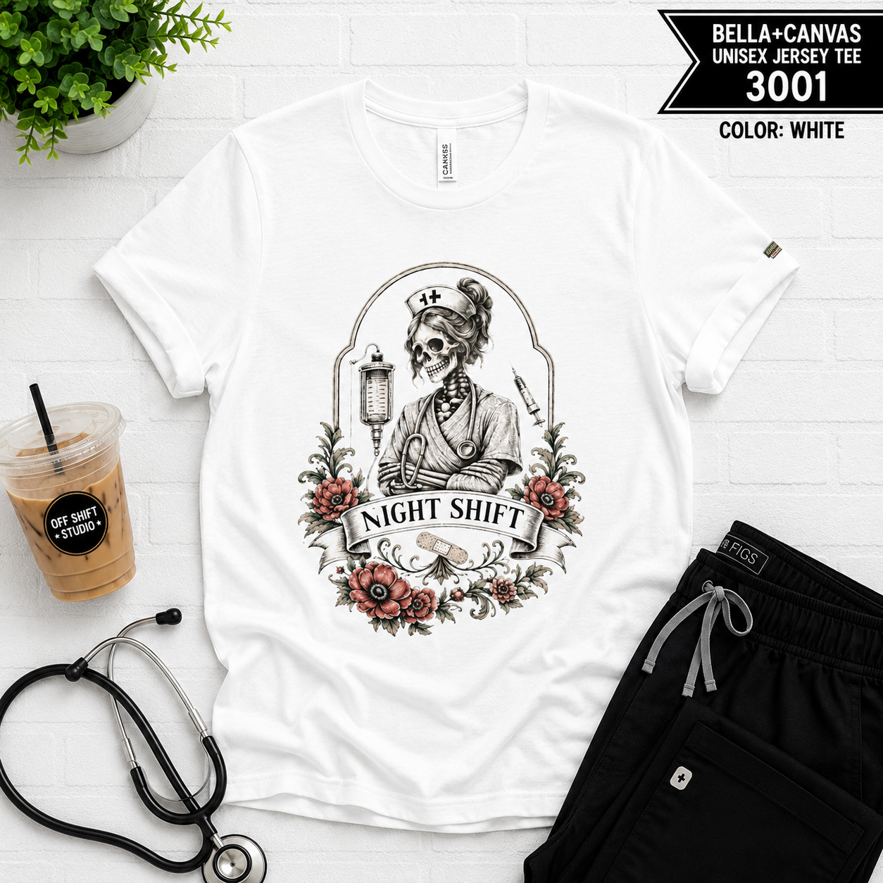 Night Shift Nurse Skull Tee — Vintage Floral RN Shirt for Night Nurses