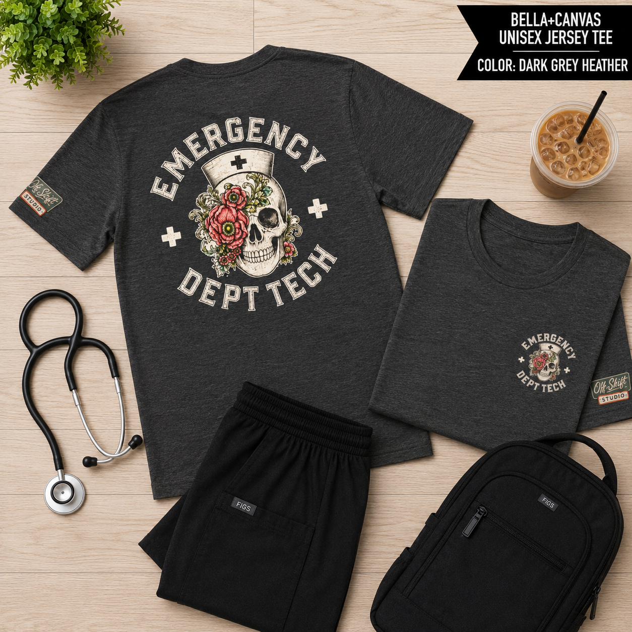 ED Tech Skull Floral Graphic Tee | Vintage Tattoo Healthcare Worker Shirt