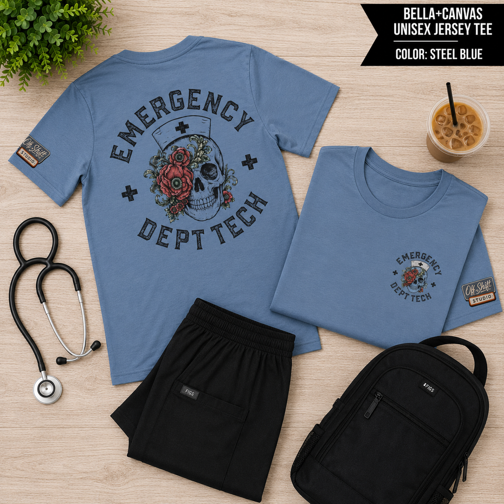 ED Tech Skull Floral Graphic Tee | Vintage Tattoo Healthcare Worker Shirt