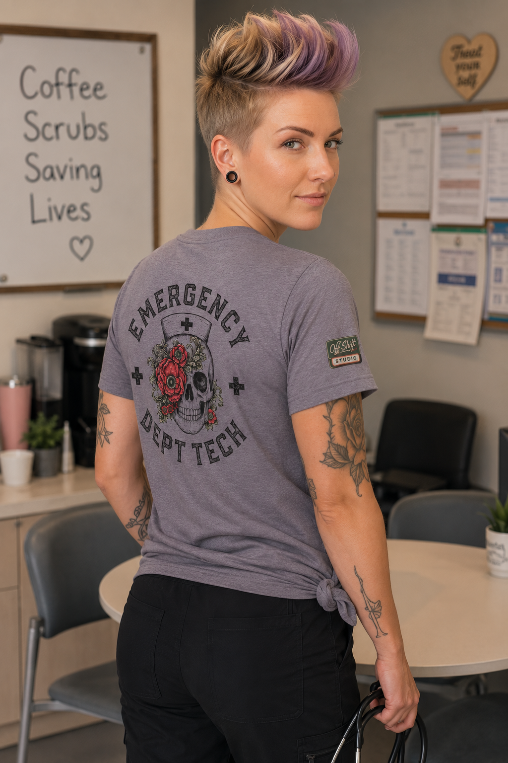 ED Tech Skull Floral Graphic Tee | Vintage Tattoo Healthcare Worker Shirt