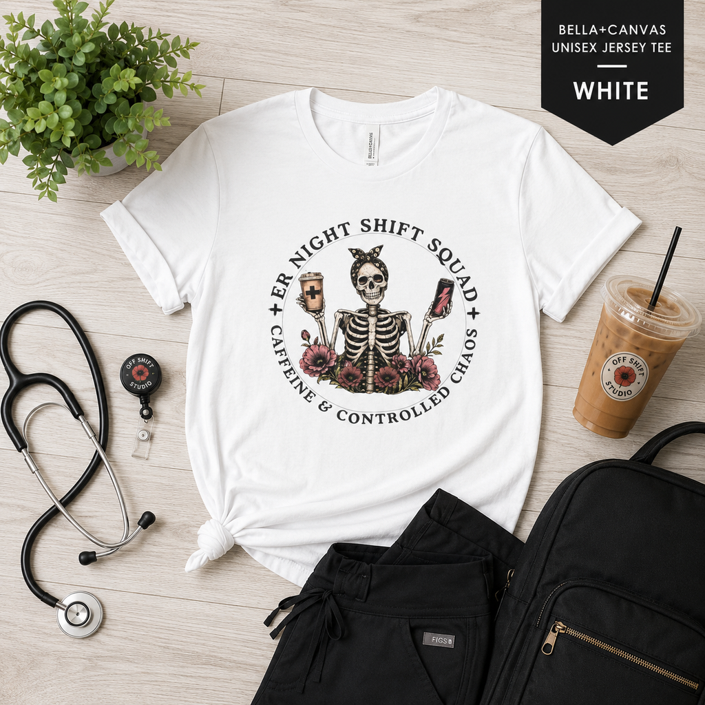 Night Shift Squad Skeleton Tee | Caffeine & Controlled Chaos | Coffee Skull Design