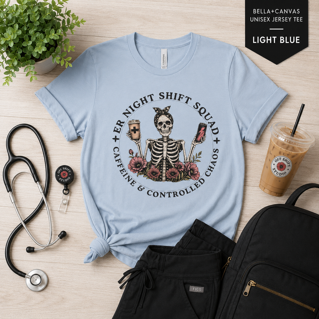 Night Shift Squad Skeleton Tee | Caffeine & Controlled Chaos | Coffee Skull Design