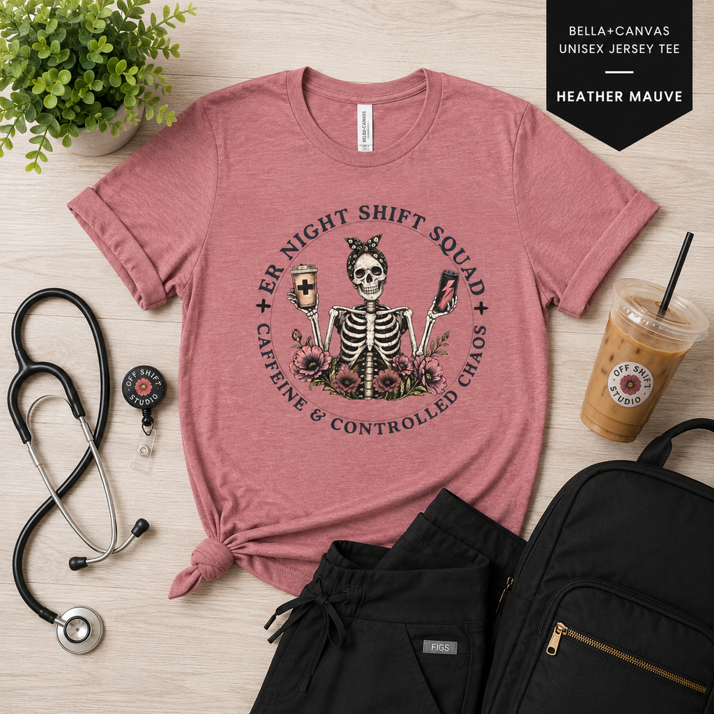 Night Shift Squad Skeleton Tee | Caffeine & Controlled Chaos | Coffee Skull Design