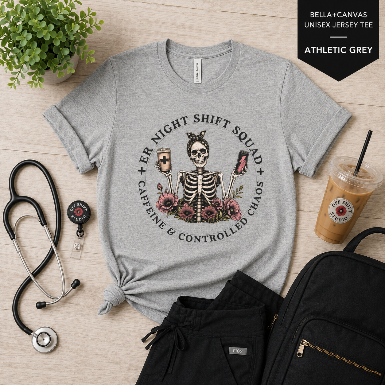Night Shift Squad Skeleton Tee | Caffeine & Controlled Chaos | Coffee Skull Design