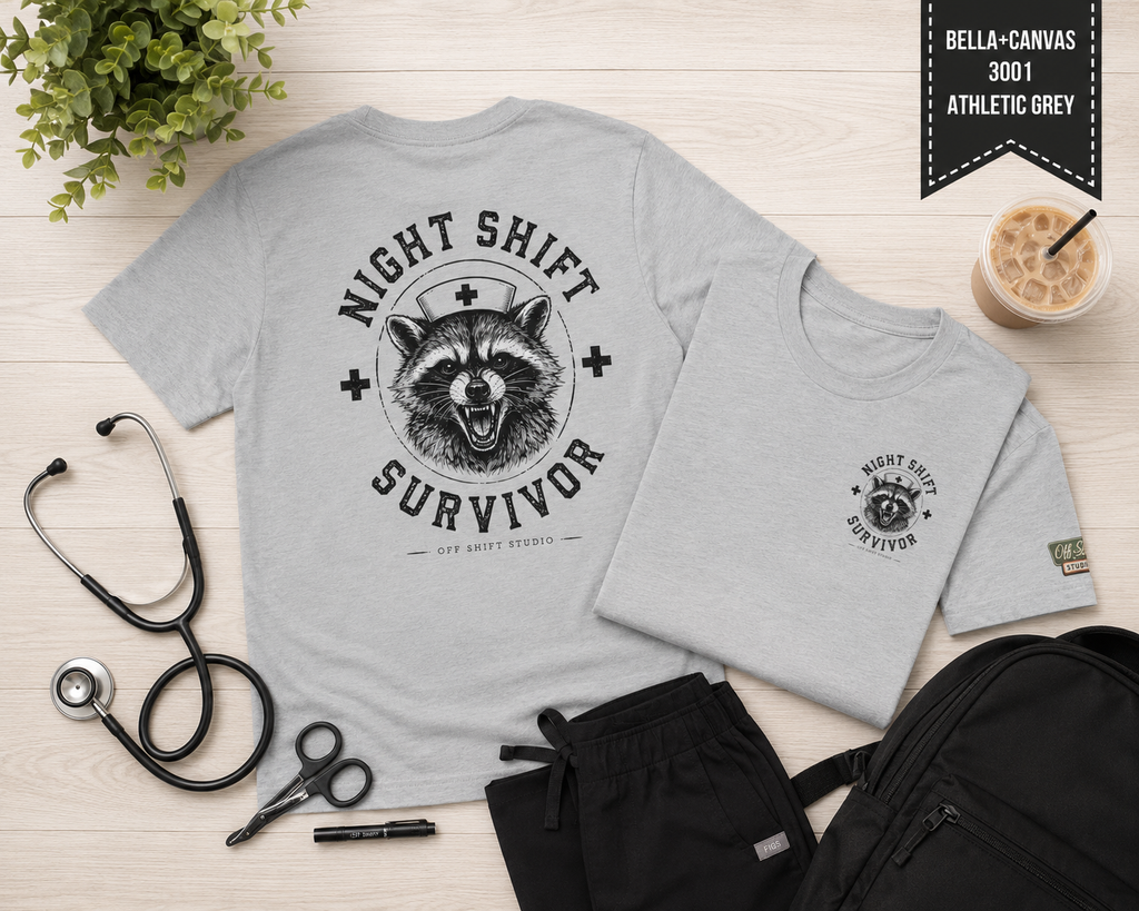 Night Shift Survivor Shirt | Raccoon Nurse Tee | Off Shift Studio