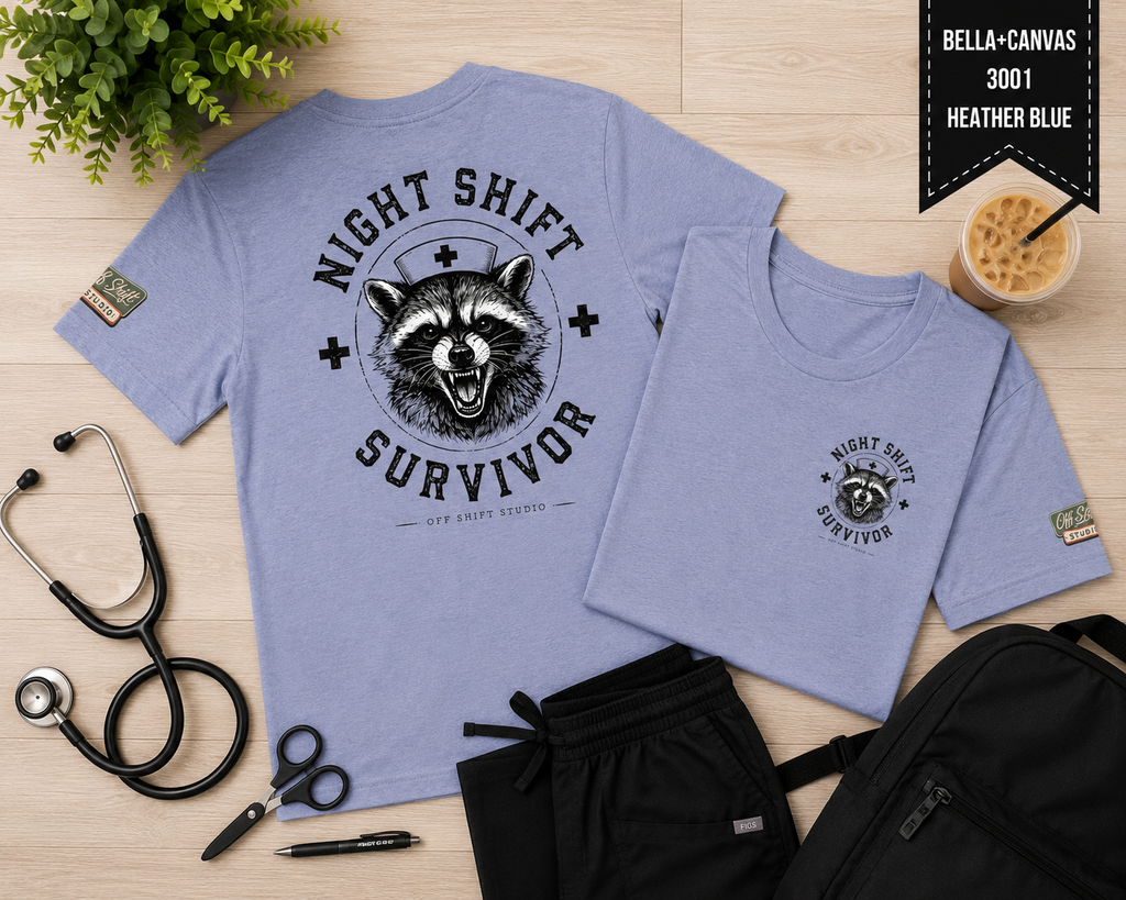 Night Shift Survivor Shirt | Raccoon Nurse Tee | Off Shift Studio