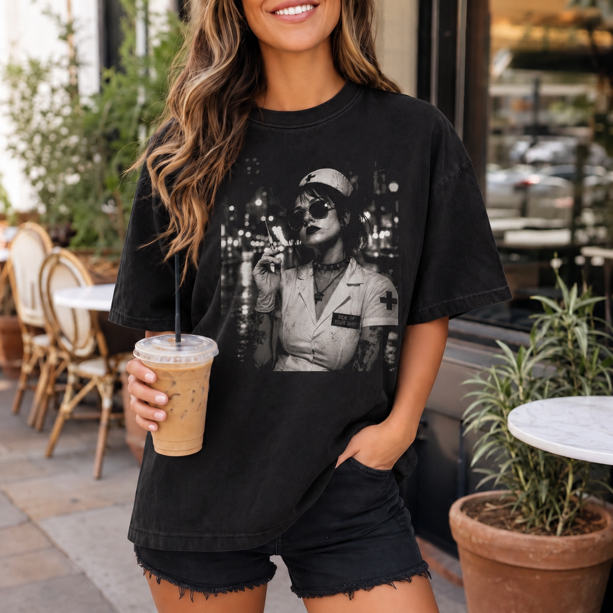 Nurse Noir Graphic T‑Shirt — Moody Vintage Nurse Photo Tee