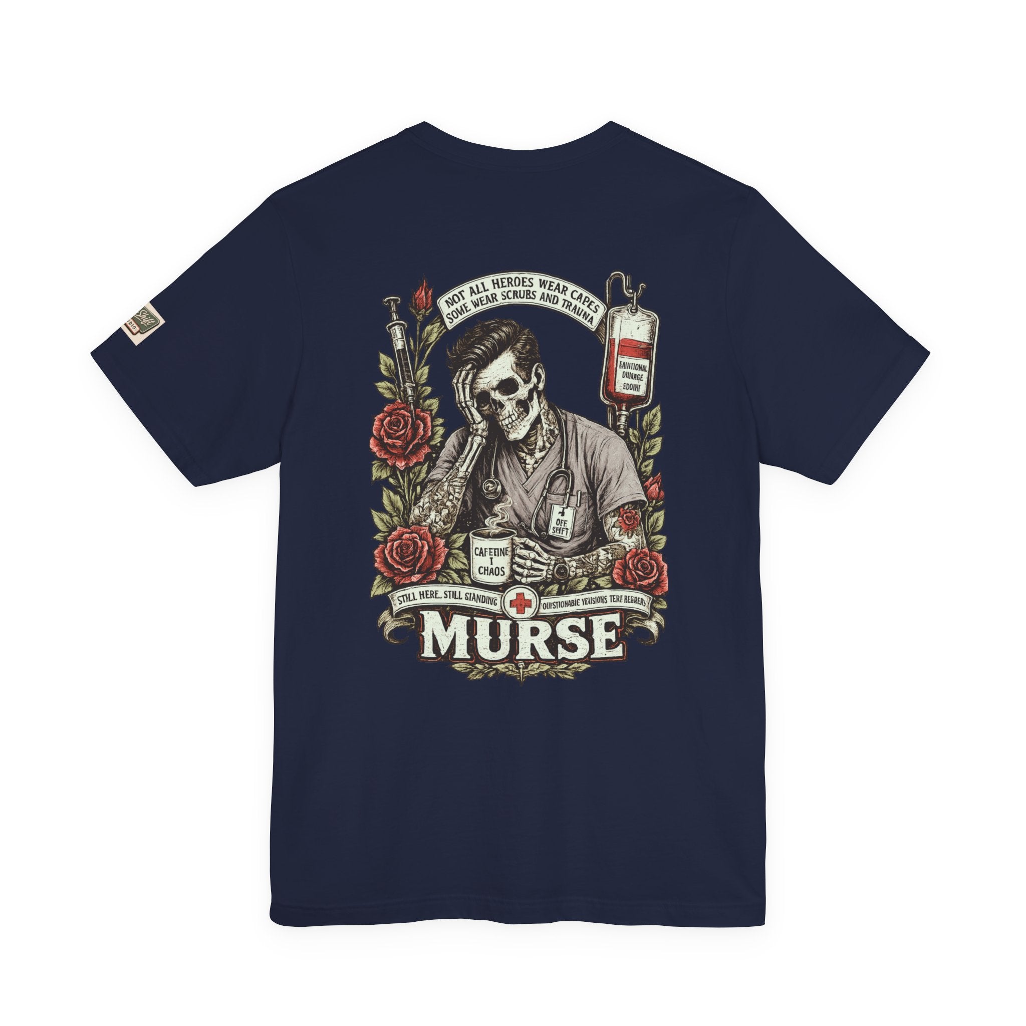 Murse Skull Nurse Graphic Tee — Vintage Medical Tattoo Back Print | Male Nurse Gift
