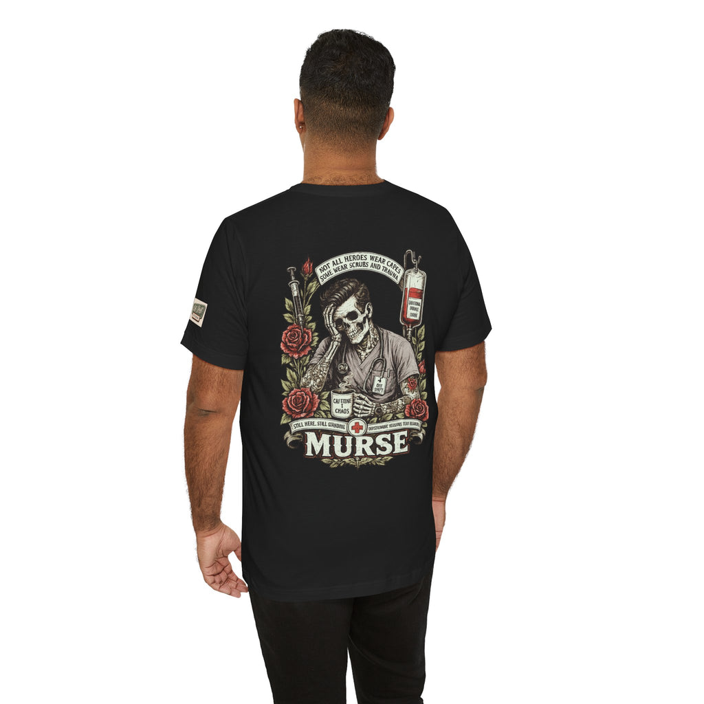 Murse Skull Nurse Graphic Tee — Vintage Medical Tattoo Back Print | Male Nurse Gift