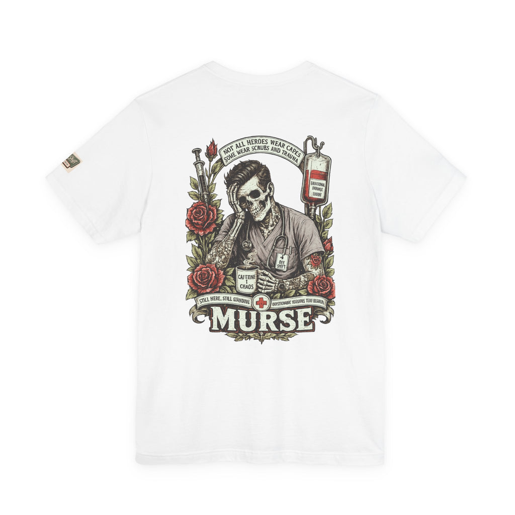 Murse Skull Nurse Graphic Tee — Vintage Medical Tattoo Back Print | Male Nurse Gift