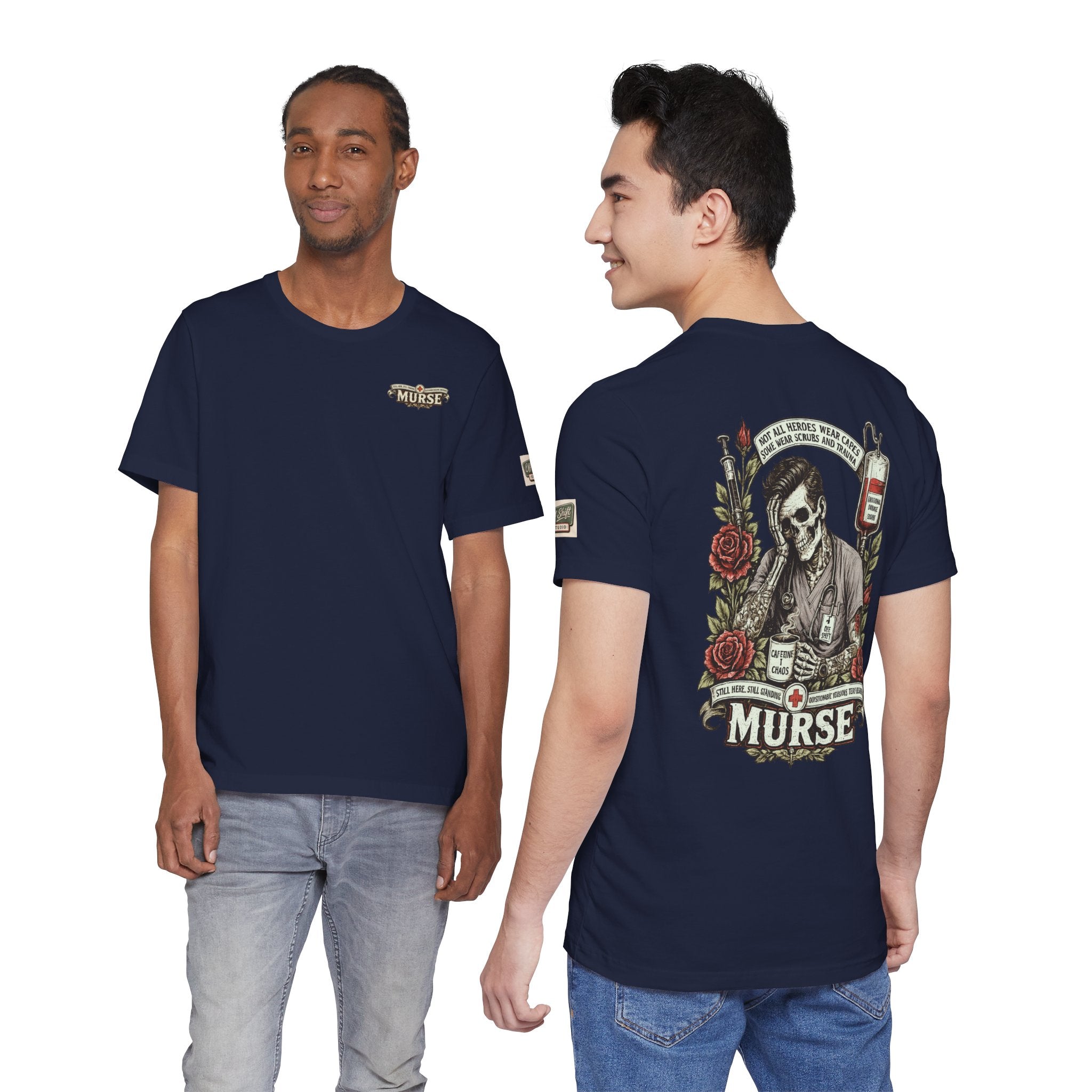 Murse Skull Nurse Graphic Tee — Vintage Medical Tattoo Back Print | Male Nurse Gift